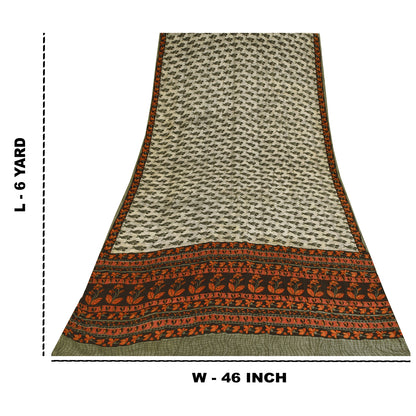 Sanskriti Vintage Sarees Ivory Pure Crepe Silk Printed Sari 6yd Craft Sustainable Fabric