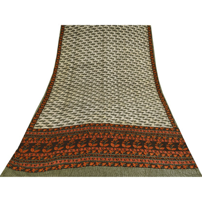 Sanskriti Vintage Sarees Ivory Pure Crepe Silk Printed Sari 6yd Craft Sustainable Fabric