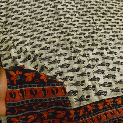 Sanskriti Vintage Sarees Ivory Pure Crepe Silk Printed Sari 6yd Craft Sustainable Fabric