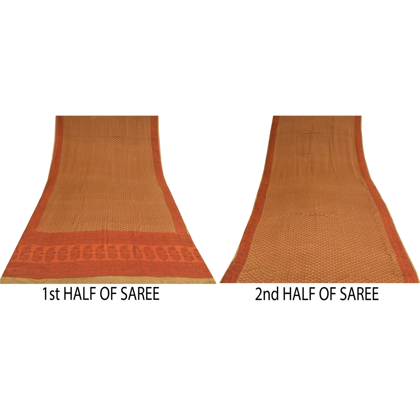 Сари Sanskriti Vintage, чистый креп, оранжевый и зеленый принт, сари, 5+ ярдов, ткань для рукоделия, устойчивая к истиранию