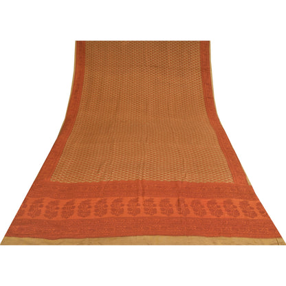 Сари Sanskriti Vintage, чистый креп, оранжевый и зеленый принт, сари, 5+ ярдов, ткань для рукоделия, устойчивая к истиранию