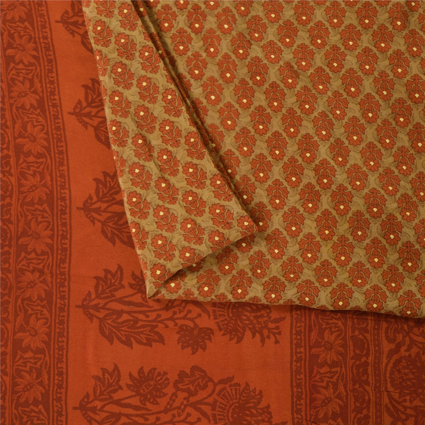 Сари Sanskriti Vintage, чистый креп, оранжевый и зеленый принт, сари, 5+ ярдов, ткань для рукоделия, устойчивая к истиранию