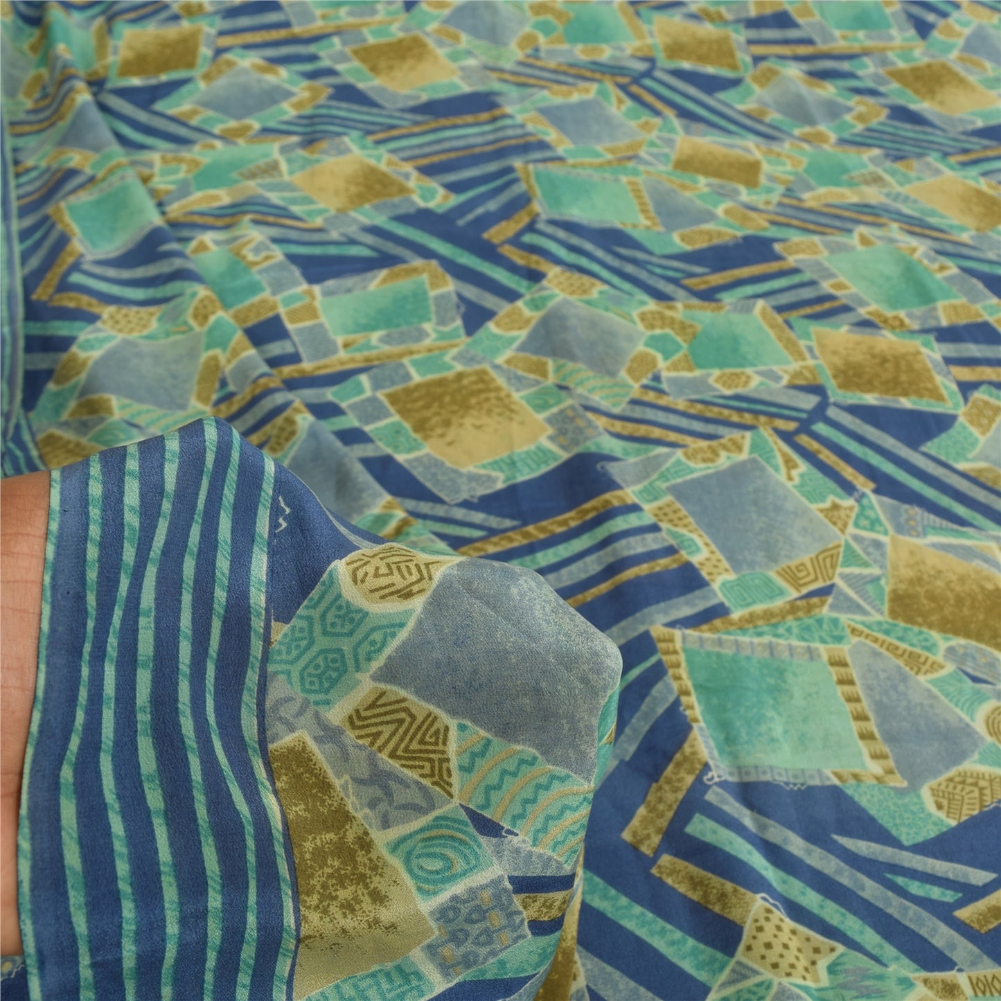 Sanskriti Vintage Sarees Blue Pure Crepe Silk Printed Sari 5+yd Craft Sustainable Fabric