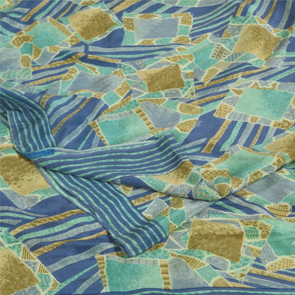 Sanskriti Vintage Sarees Blue Pure Crepe Silk Printed Sari 5+yd Craft Sustainable Fabric