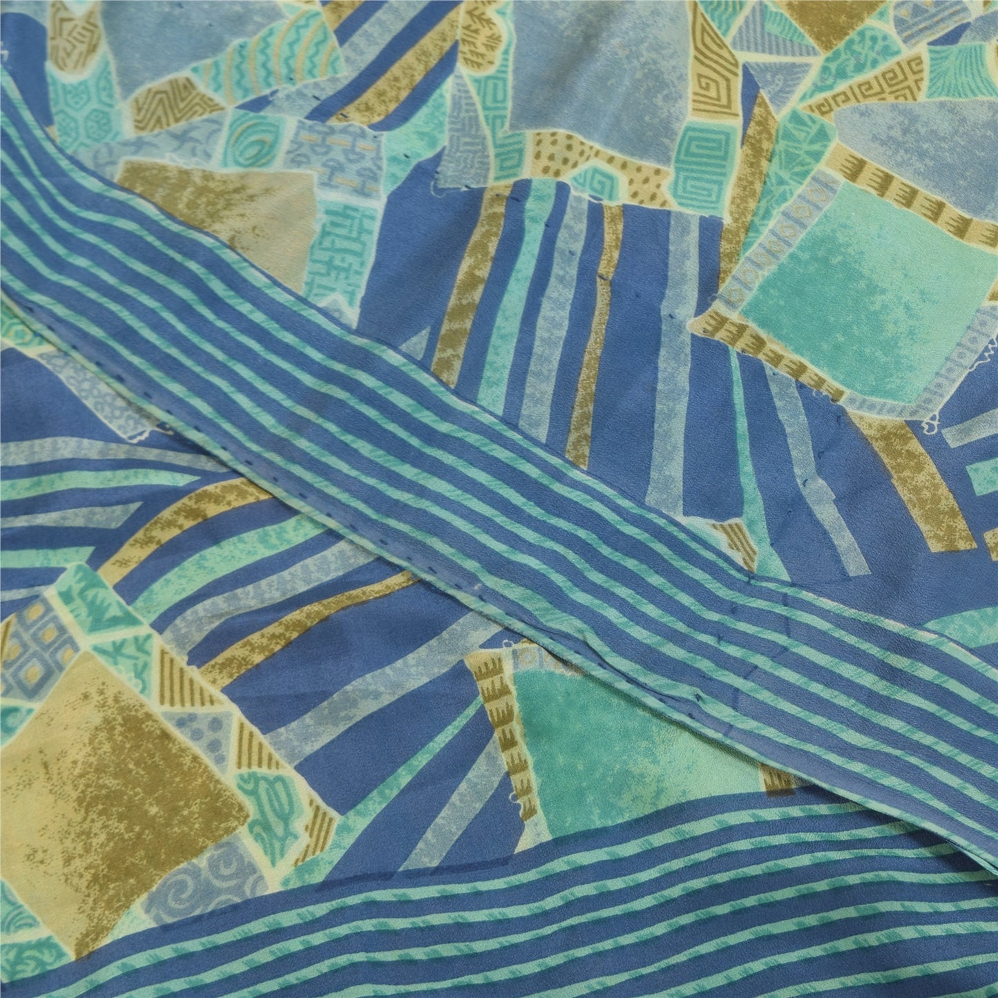 Sanskriti Vintage Sarees Blue Pure Crepe Silk Printed Sari 5+yd Craft Sustainable Fabric