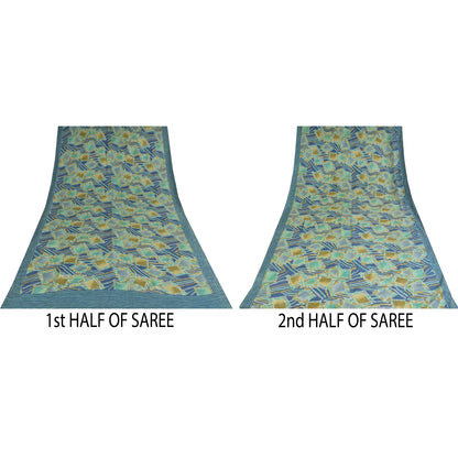 Sanskriti Vintage Sarees Blue Pure Crepe Silk Printed Sari 5+yd Craft Sustainable Fabric