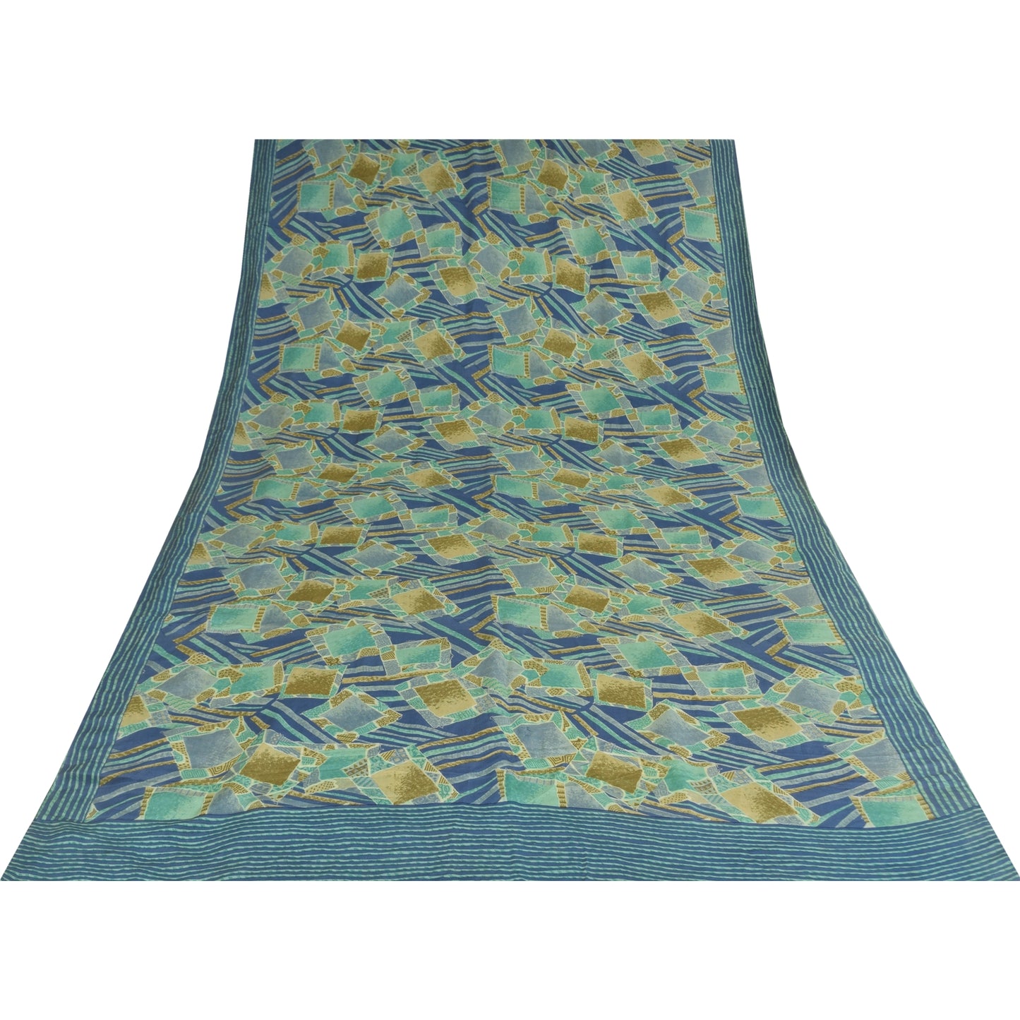 Sanskriti Vintage Sarees Blue Pure Crepe Silk Printed Sari 5+yd Craft Sustainable Fabric