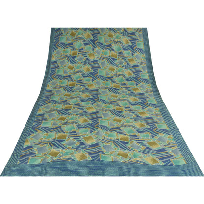 Sanskriti Vintage Sarees Blue Pure Crepe Silk Printed Sari 5+yd Craft Sustainable Fabric
