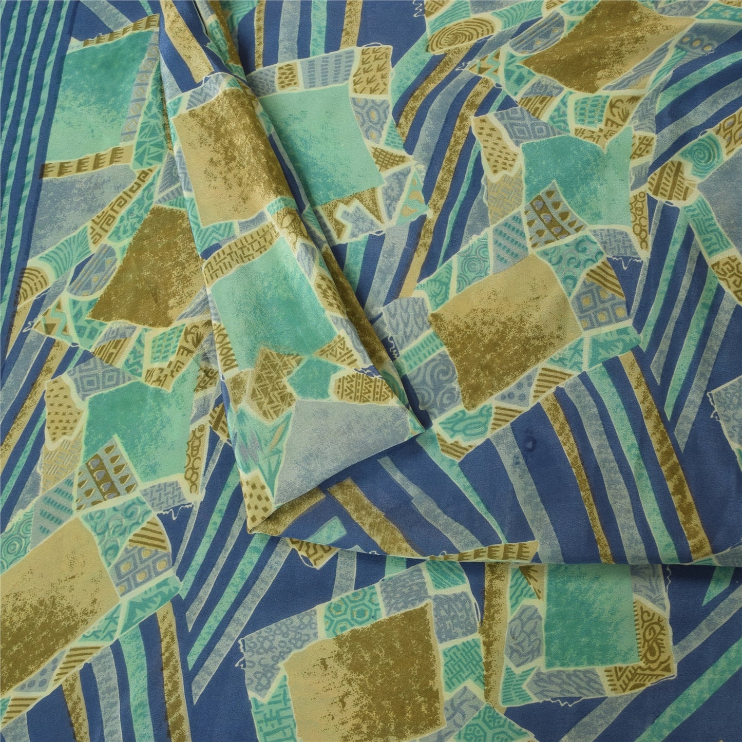 Sanskriti Vintage Sarees Blue Pure Crepe Silk Printed Sari 5+yd Craft Sustainable Fabric