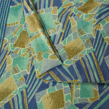 Sanskriti Vintage Sarees Blue Pure Crepe Silk Printed Sari 5+yd Craft Sustainable Fabric