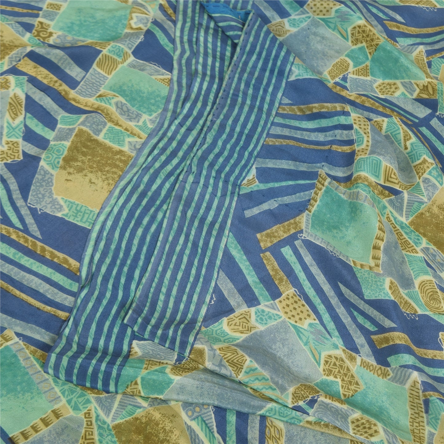 Sanskriti Vintage Sarees Blue Pure Crepe Silk Printed Sari 5+yd Craft Sustainable Fabric