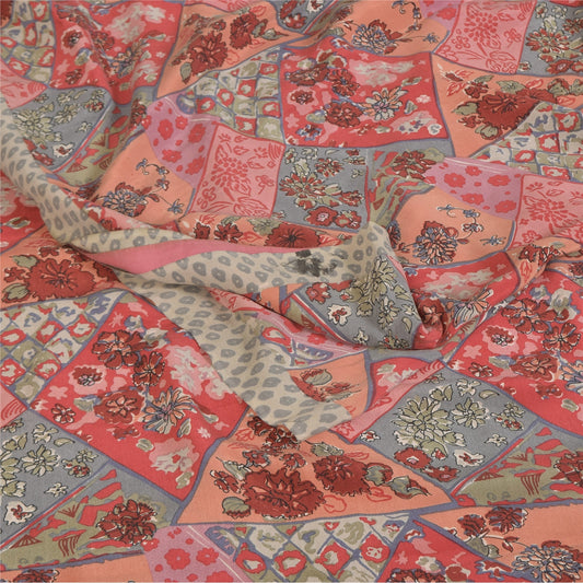 Sanskriti Vintage Sarees Multicolor Pure Crepe Silk Print Sari 5+yd Craft Sustainable Fabric