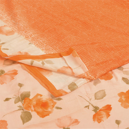 Sanskriti Vintage Sarees Orange Pure Crepe Silk Printed Sari 5+yd Craft Sustainable Fabric