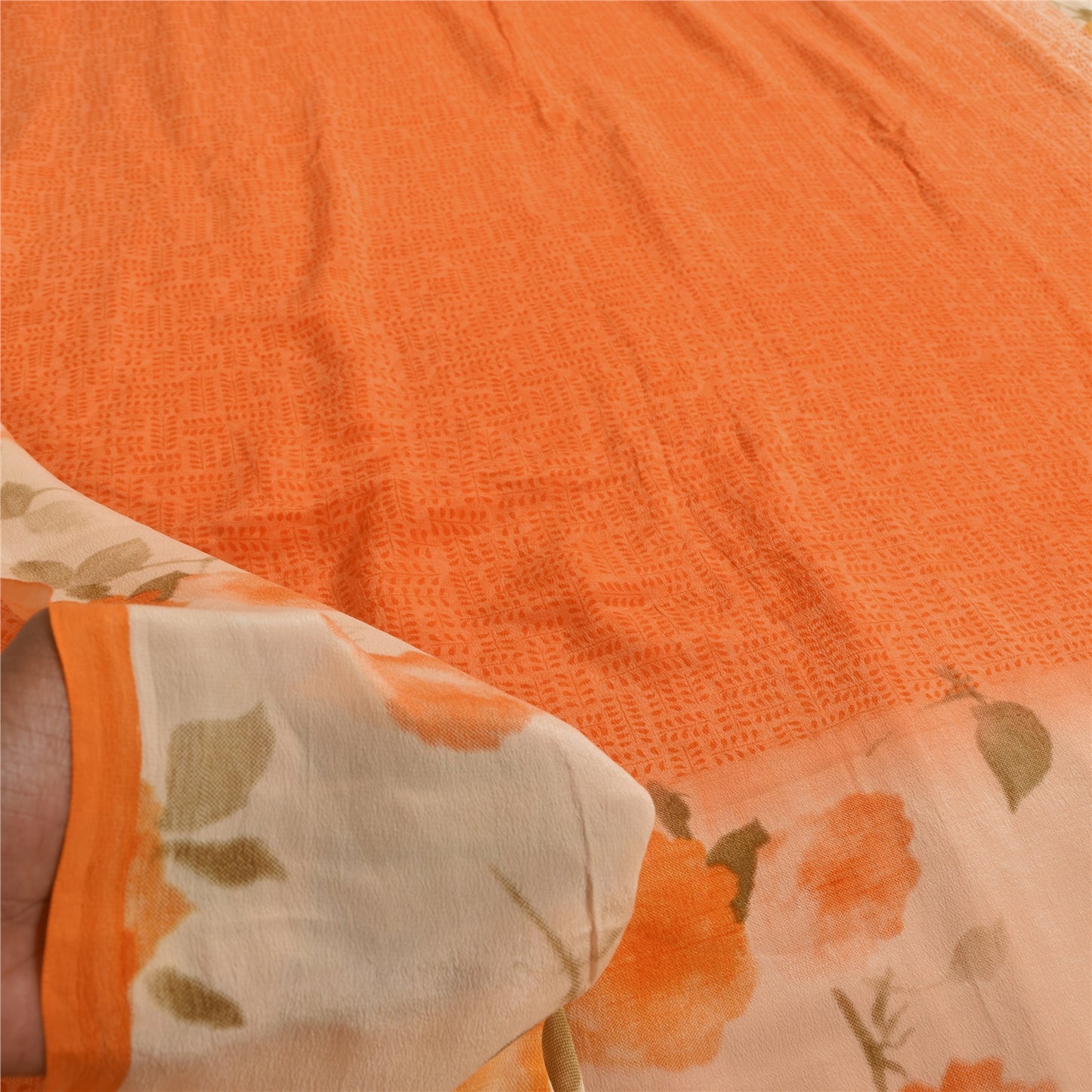 Sanskriti Vintage Sarees Orange Pure Crepe Silk Printed Sari 5+yd Craft Sustainable Fabric