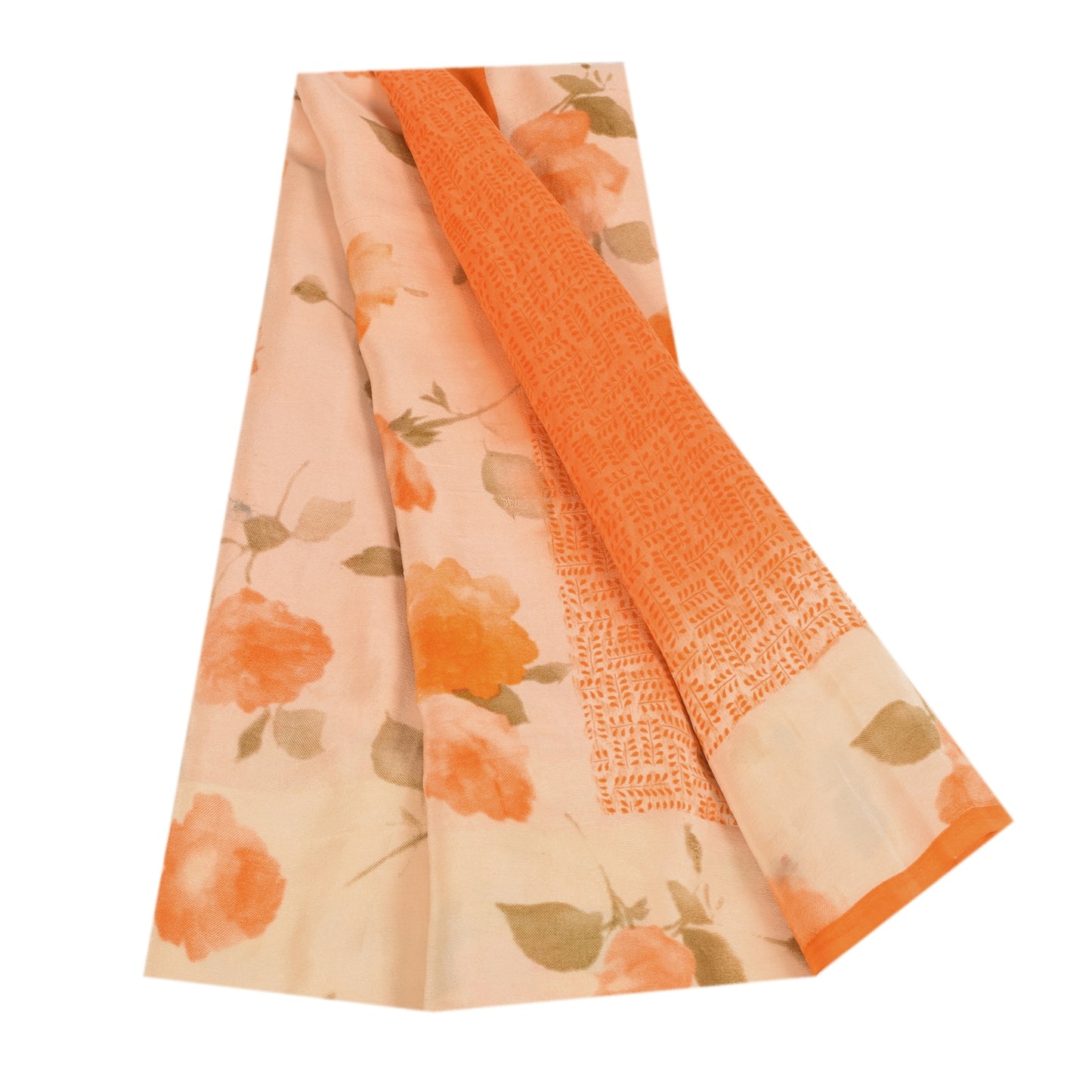 Sanskriti Vintage Sarees Orange Pure Crepe Silk Printed Sari 5+yd Craft Sustainable Fabric