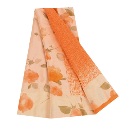 Sanskriti Vintage Sarees Orange Pure Crepe Silk Printed Sari 5+yd Craft Sustainable Fabric