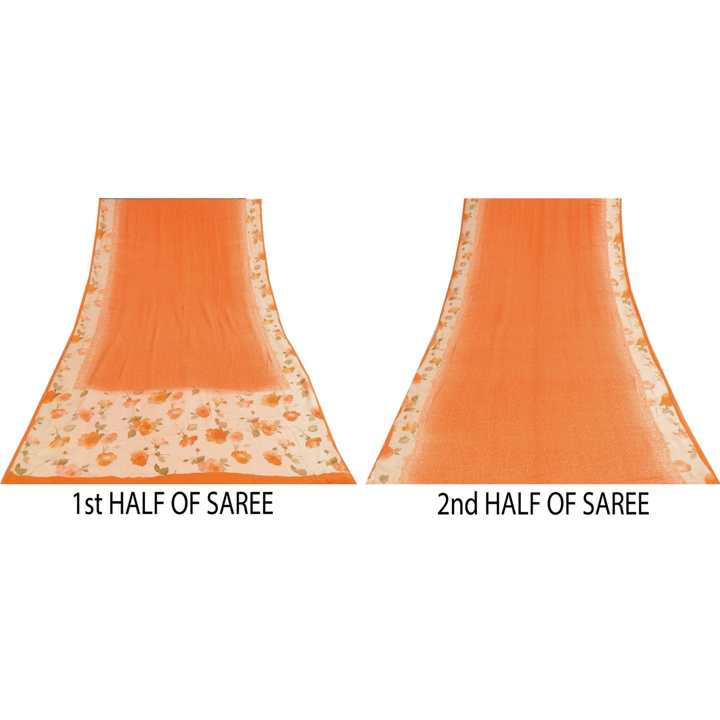 Sanskriti Vintage Sarees Orange Pure Crepe Silk Printed Sari 5+yd Craft Sustainable Fabric