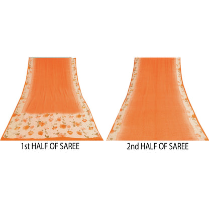 Sanskriti Vintage Sarees Orange Pure Crepe Silk Printed Sari 5+yd Craft Sustainable Fabric