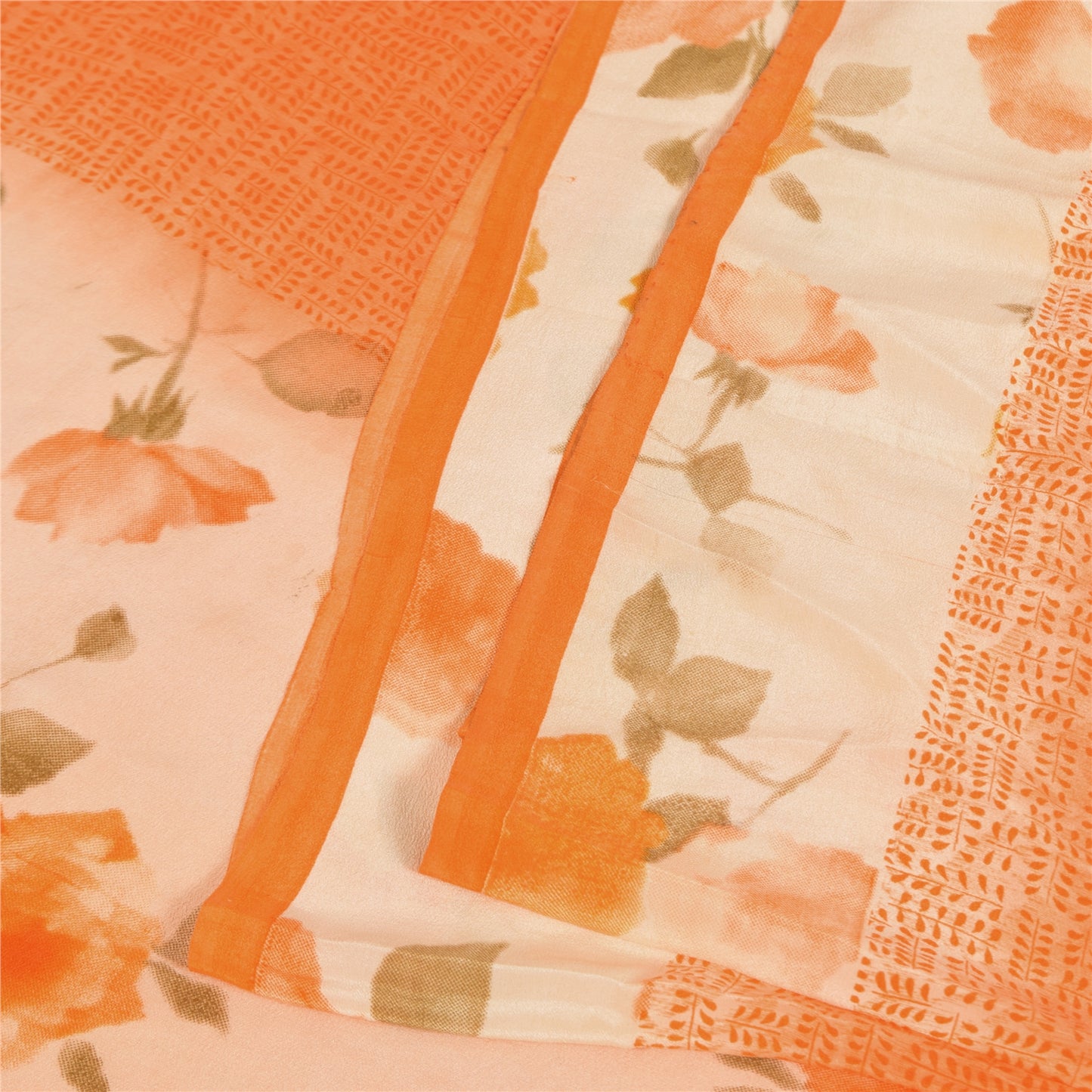 Sanskriti Vintage Sarees Orange Pure Crepe Silk Printed Sari 5+yd Craft Sustainable Fabric