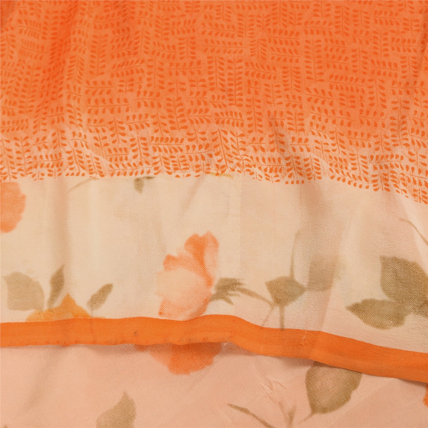 Sanskriti Vintage Sarees Orange Pure Crepe Silk Printed Sari 5+yd Craft Sustainable Fabric