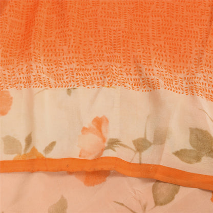 Sanskriti Vintage Sarees Orange Pure Crepe Silk Printed Sari 5+yd Craft Sustainable Fabric