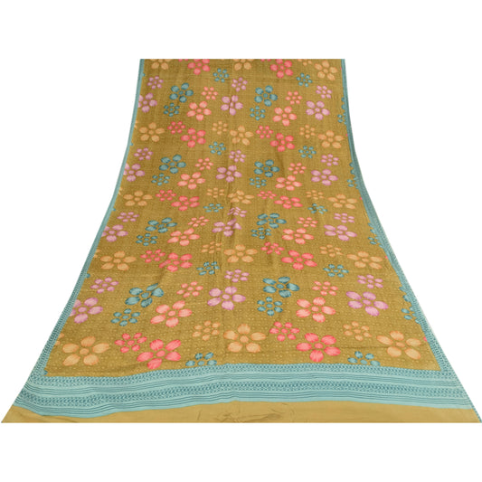 Sanskriti Vintage Sarees Green Pure Crepe Silk Printed Sari 5+yd Craft Sustainable Fabric
