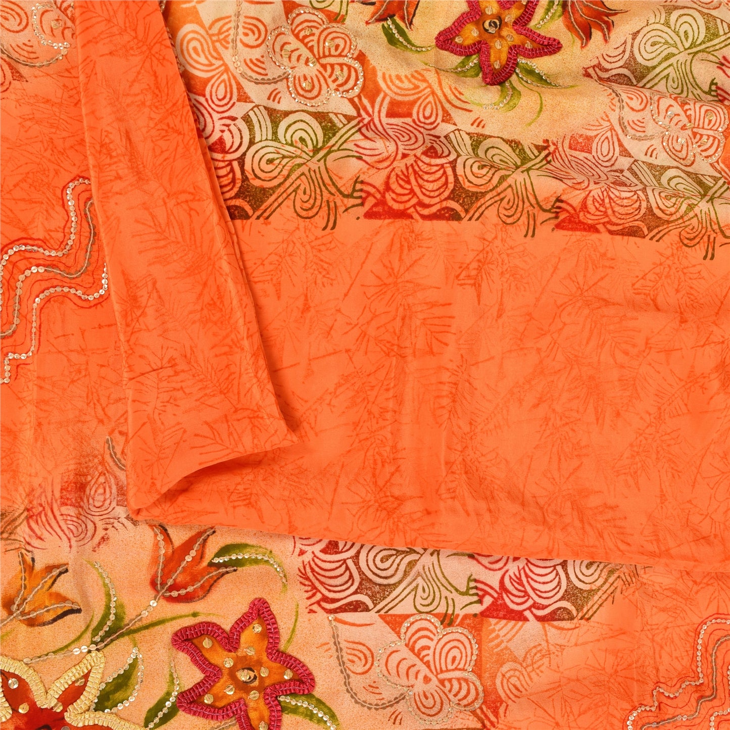 Sanskriti Vintage Sarees Orange Embroidered Printed Pure Crepe Sari 5+yd Sustainable Fabric