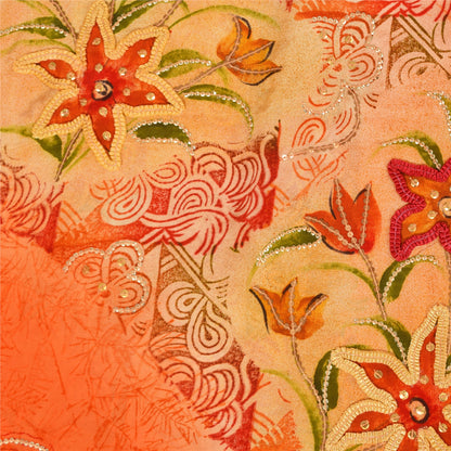 Sanskriti Vintage Sarees Orange Embroidered Printed Pure Crepe Sari 5+yd Sustainable Fabric