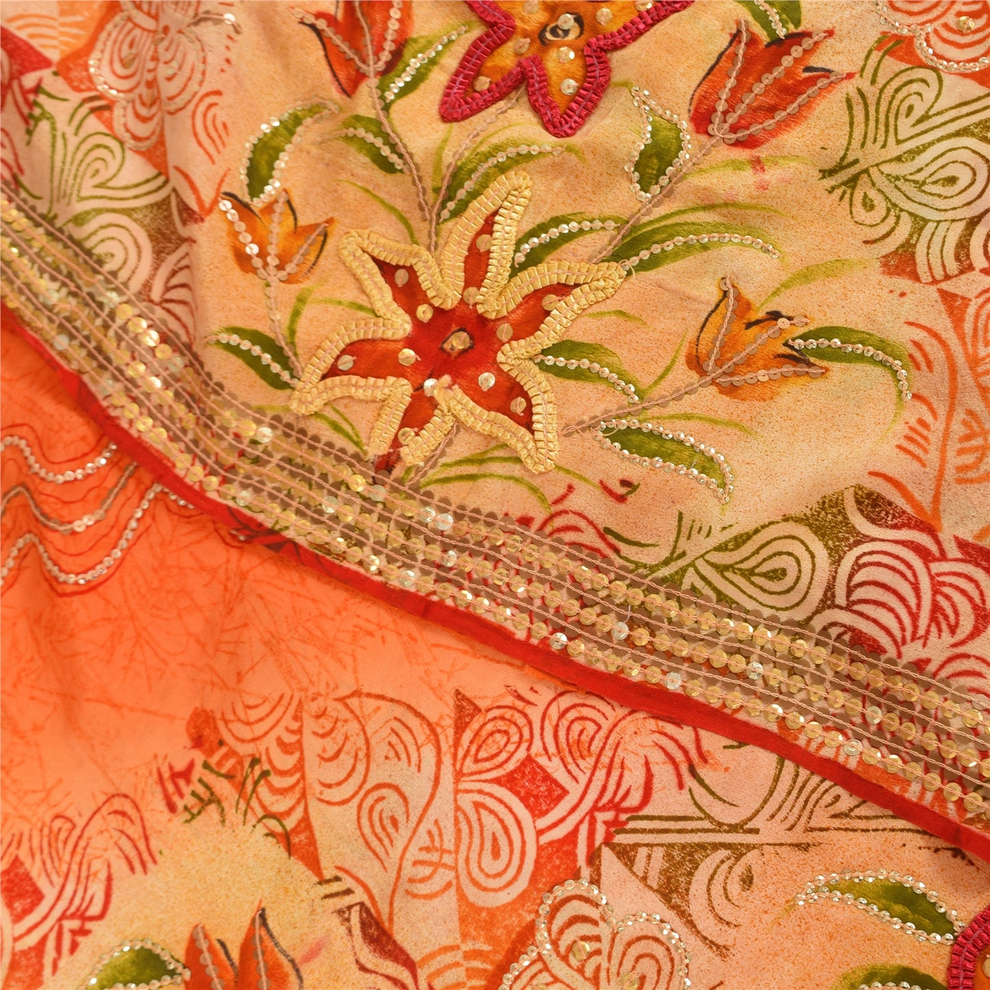 Sanskriti Vintage Sarees Orange Embroidered Printed Pure Crepe Sari 5+yd Sustainable Fabric