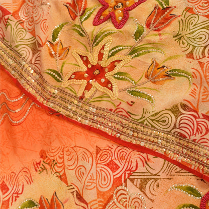 Sanskriti Vintage Sarees Orange Embroidered Printed Pure Crepe Sari 5+yd Sustainable Fabric