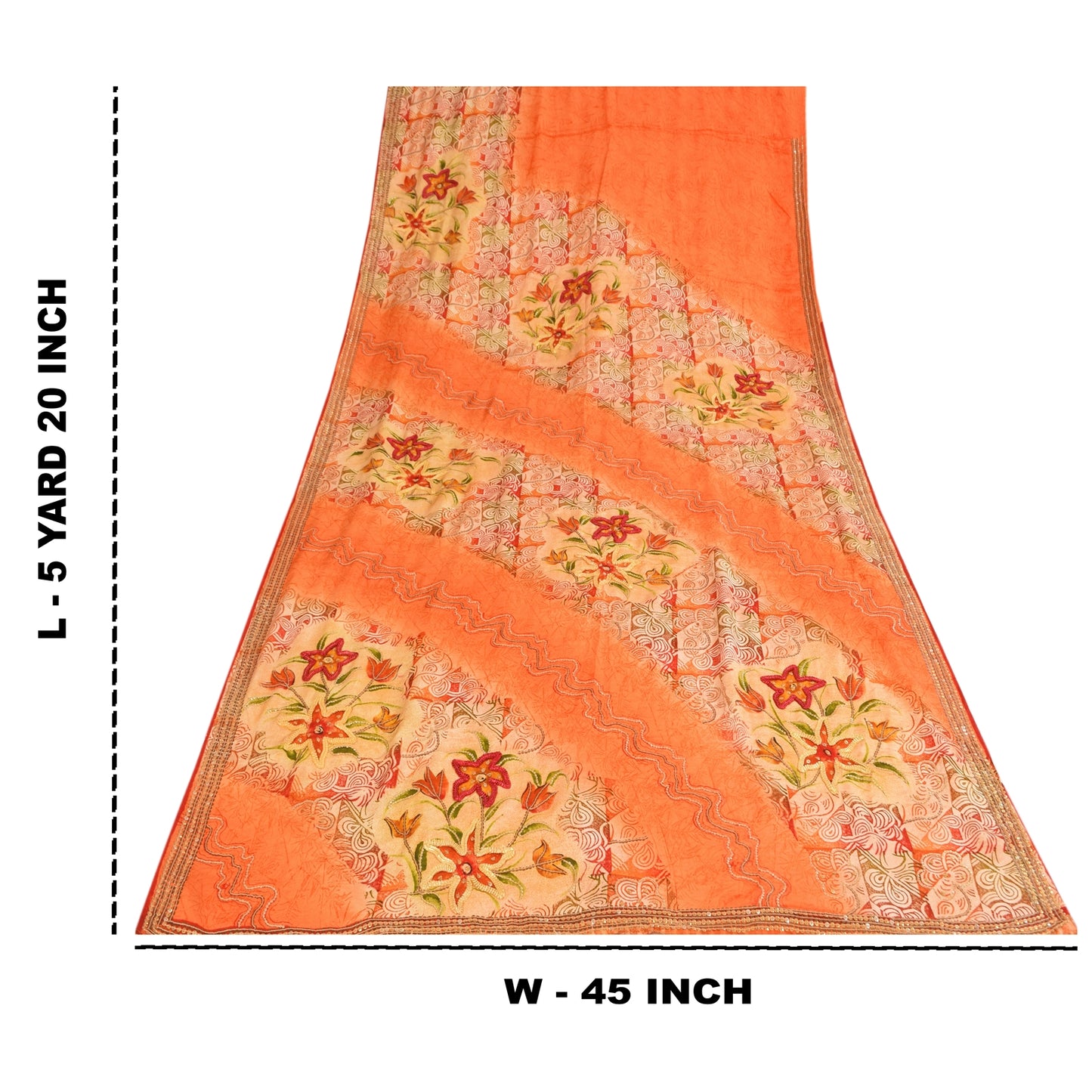 Sanskriti Vintage Sarees Orange Embroidered Printed Pure Crepe Sari 5+yd Sustainable Fabric