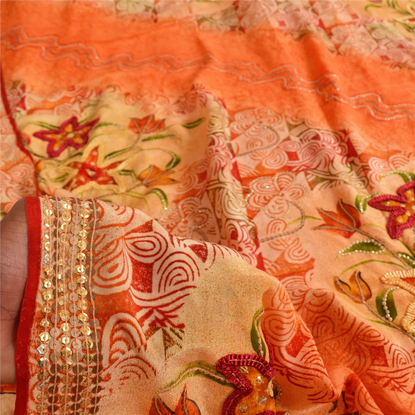 Sanskriti Vintage Sarees Orange Embroidered Printed Pure Crepe Sari 5+yd Sustainable Fabric
