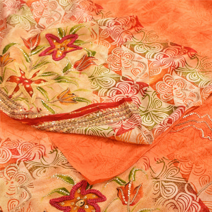 Sanskriti Vintage Sarees Orange Embroidered Printed Pure Crepe Sari 5+yd Sustainable Fabric