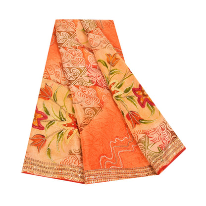 Sanskriti Vintage Sarees Orange Embroidered Printed Pure Crepe Sari 5+yd Sustainable Fabric
