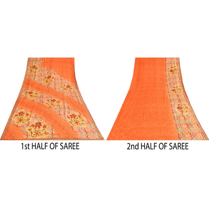 Sanskriti Vintage Sarees Orange Embroidered Printed Pure Crepe Sari 5+yd Sustainable Fabric