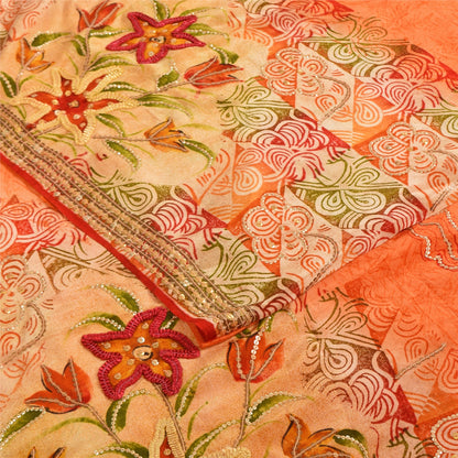 Sanskriti Vintage Sarees Orange Embroidered Printed Pure Crepe Sari 5+yd Sustainable Fabric