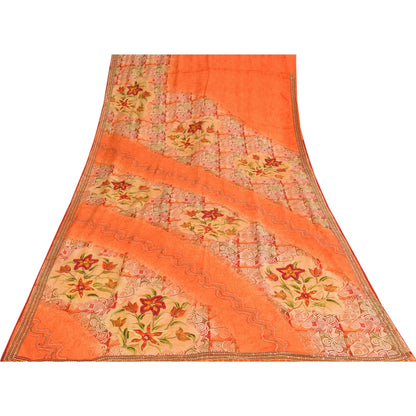Sanskriti Vintage Sarees Orange Embroidered Printed Pure Crepe Sari 5+yd Sustainable Fabric
