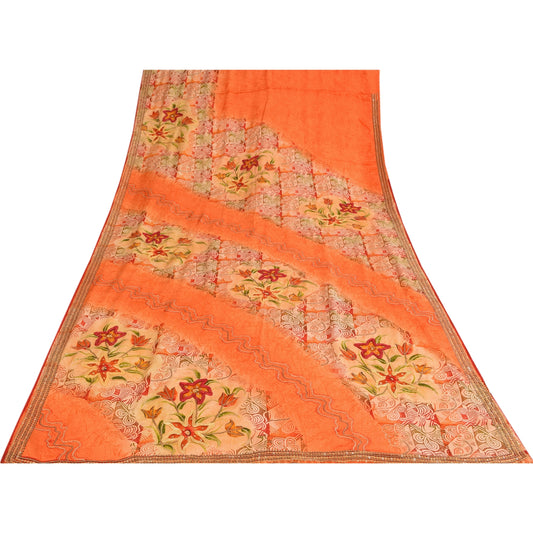 Sanskriti Vintage Sarees Orange Embroidered Printed Pure Crepe Sari 5+yd Sustainable Fabric