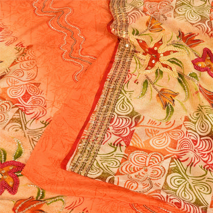 Sanskriti Vintage Sarees Orange Embroidered Printed Pure Crepe Sari 5+yd Sustainable Fabric