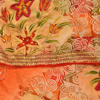 Sanskriti Vintage Sarees Orange Embroidered Printed Pure Crepe Sari 5+yd Sustainable Fabric