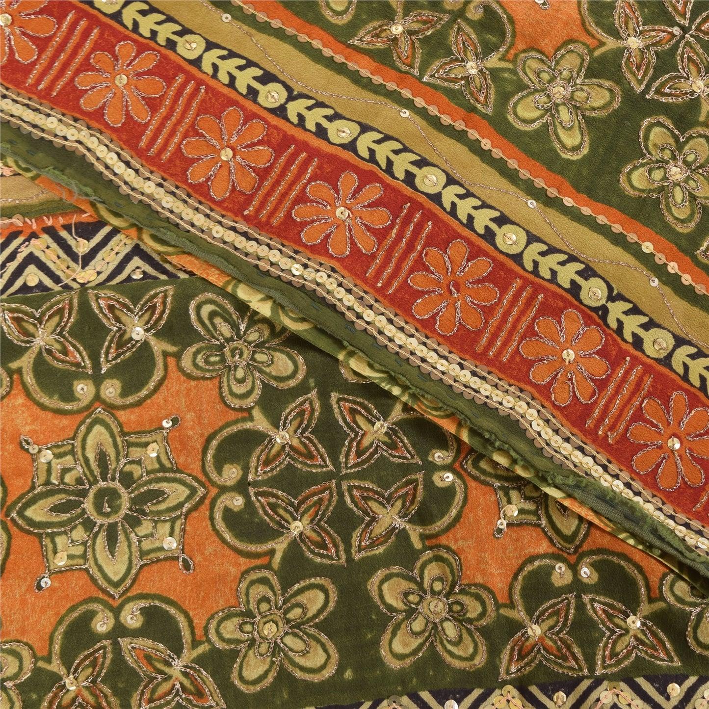 Sanskriti Vintage Sarees Green Pure Crepe Silk Printed Sari 6yd Craft Sustainable Fabric