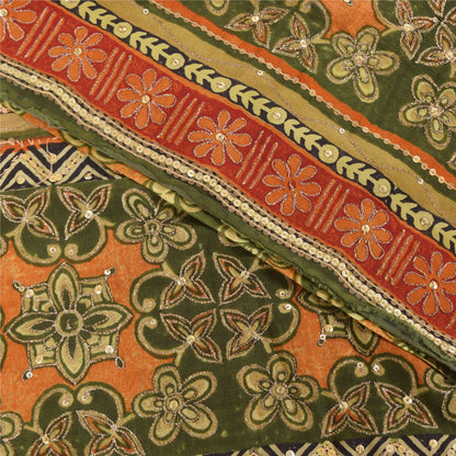 Sanskriti Vintage Sarees Green Pure Crepe Silk Printed Sari 6yd Craft Sustainable Fabric