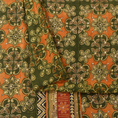 Sanskriti Vintage Sarees Green Pure Crepe Silk Printed Sari 6yd Craft Sustainable Fabric