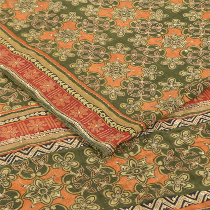 Sanskriti Vintage Sarees Green Pure Crepe Silk Printed Sari 6yd Craft Sustainable Fabric