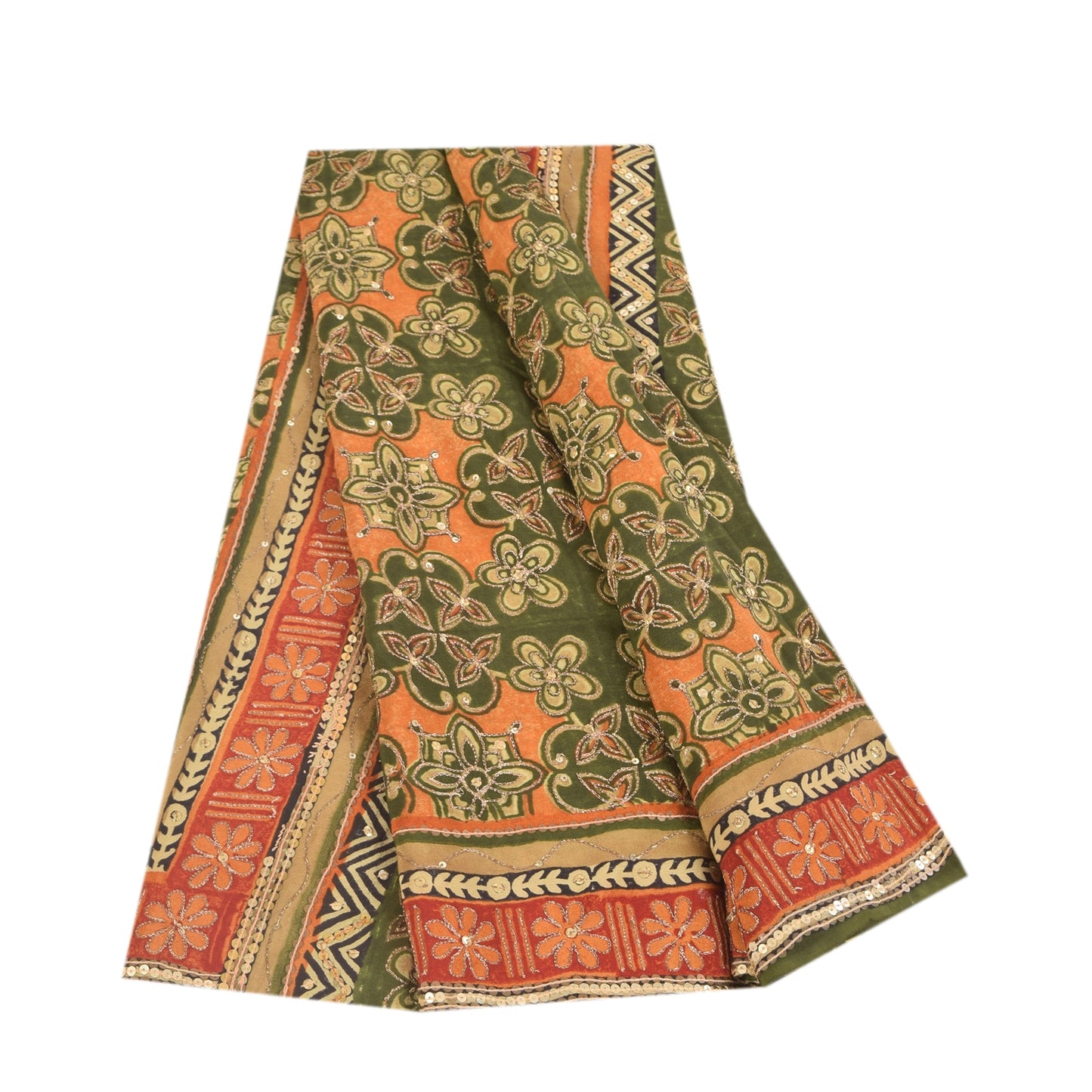 Sanskriti Vintage Sarees Green Pure Crepe Silk Printed Sari 6yd Craft Sustainable Fabric