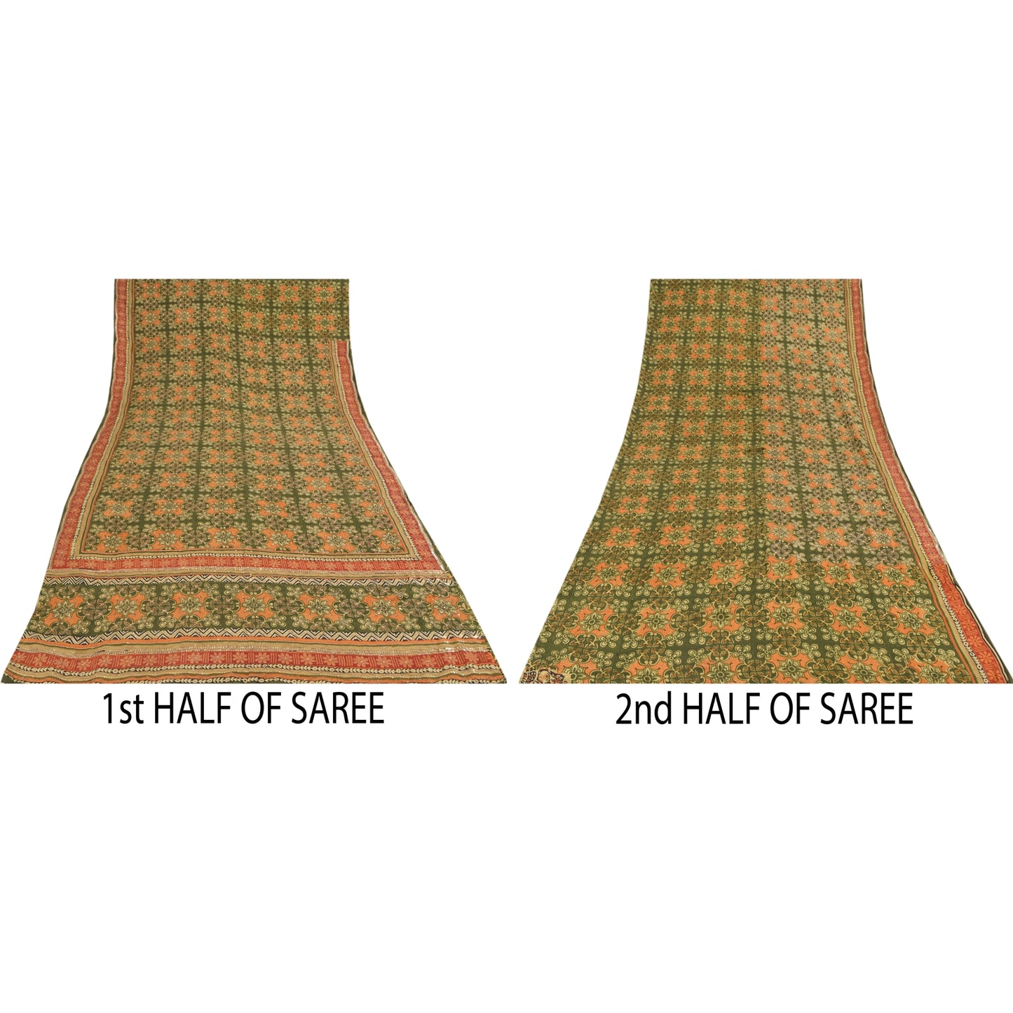 Sanskriti Vintage Sarees Green Pure Crepe Silk Printed Sari 6yd Craft Sustainable Fabric