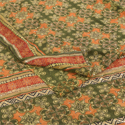 Sanskriti Vintage Sarees Green Pure Crepe Silk Printed Sari 6yd Craft Sustainable Fabric