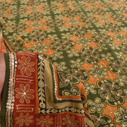 Sanskriti Vintage Sarees Green Pure Crepe Silk Printed Sari 6yd Craft Sustainable Fabric