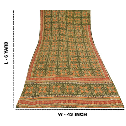 Sanskriti Vintage Sarees Green Pure Crepe Silk Printed Sari 6yd Craft Sustainable Fabric