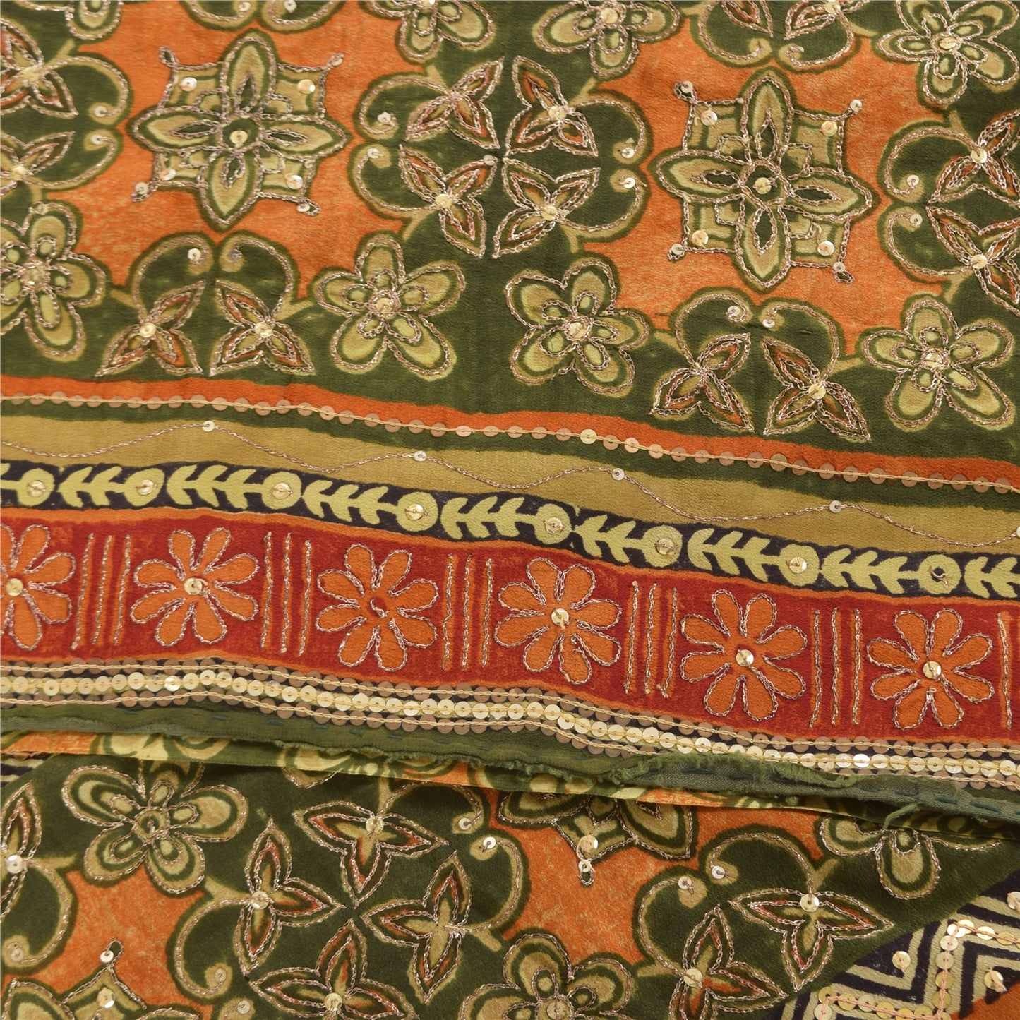 Sanskriti Vintage Sarees Green Pure Crepe Silk Printed Sari 6yd Craft Sustainable Fabric